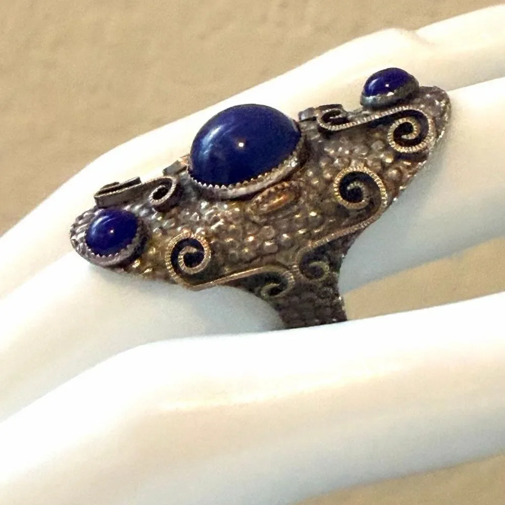 NEMCO Sculptural Silver Tone Statement Ring with Blue Cabochons